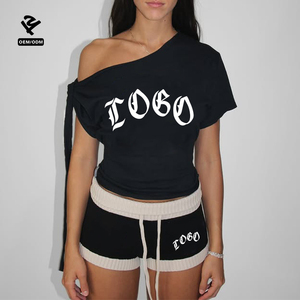 T-shirt <span class=keywords><strong>monospalla</strong></span> personalizzata a manica corta in cotone a costine, top slim fit casual streetwear da donna, pullover estivo sexy - Product Image 1