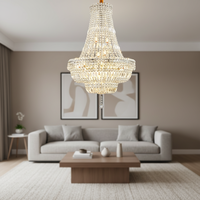 Lustre suspendu de luxe en forme de cloche, avec chaîne de cristaux multicouches et finition dorée, pour décoration de mariage et hôtels, avec commande par interrupteur de plafond.