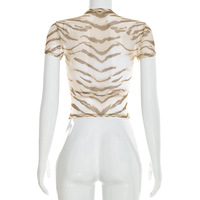Viviblook C26TP026 Camiseta Corta de Verano para Mujer, Nueva, de Malla Estampada, Ajustada, Estilo Crop Top, Baby Tee