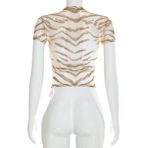 วิวิบลุค C26TP026 เสื้อยืดแขนสั้นพิมพ์ลายตาข่ายสำหรับผู้หญิง รุ่นใหม่ประจำฤดูร้อน ทรงเข้ารูป ครอปท็อป เสื้อยืดเบบี้ทีสำหรับผู้หญิง - Product Image 3