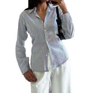 Camicetta da donna CJ-Women <span class=keywords><strong>a</strong></span> <span class=keywords><strong>righe</strong></span> <span class=keywords><strong>blu</strong></span> <span class=keywords><strong>e</strong></span> bianche con cintura in vita, maniche lunghe, vestibilità slim - Product Image 5