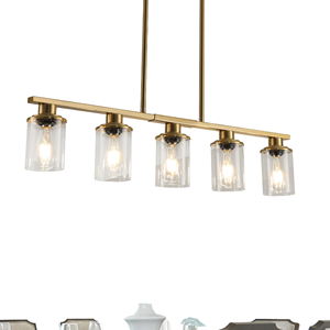 Envío Gratis desde EE. UU. Lámpara Moderna de 5 Luces Negra de Hierro Largo E26 para Isla de Cocina o Comedor con Pantalla de Cristal - Product Image 1