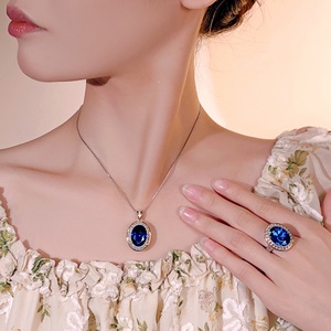 Fashion Eco-friendly Copper <b>Valentine</b> Jewelry Set Bezel Set 12*16mm Blue Cubic Zirconia Romantic Luxury Necklace and Earring Set - Product Image 6
