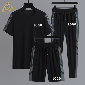 Ensemble de vêtements de sport de bonne qualité en trois pièces comprenant un t-shirt à manches courtes et un short, logo personnalisé, ensemble de trois pièces - Product Image 1