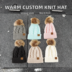 Gorro de punto trenzado con pompón para mujer, grueso, cálido, para invierno, estilo holgado con dobladillo - Product Image 2