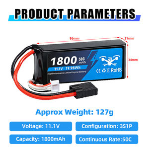 Batterie Lipo 3S 11.1V 1800mAh 50C pour multirotor <span class=keywords><strong>RC</strong></span>, compatible avec les drones Phantom Blade 350 QX Quanum <span class=keywords><strong>Nova</strong></span> Quadcopter - Product Image 2
