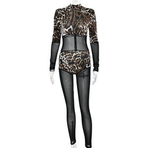 Mono de manga larga con estampado de leopardo, cintura alta, tela transparente, ropa de club para mujer - Product Image 5