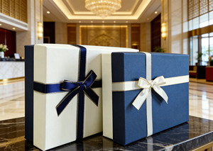 Caja de Regalo de Cartón Azul y Blanco con Lazo de Satén Plateado y Forro de Esponja - Ecológica de Alta Gama para Embalaje Certificado de Vietnam - Product Image 4