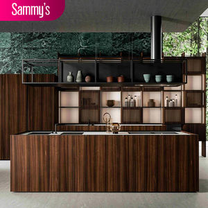 Armoire <span class=keywords><strong>de</strong></span> cuisine modulaire <span class=keywords><strong>de</strong></span> style minimaliste placage <span class=keywords><strong>de</strong></span> bois poignées en PVC marbre artificiel comptoir robinet tiroir panier évier - Product Image 1