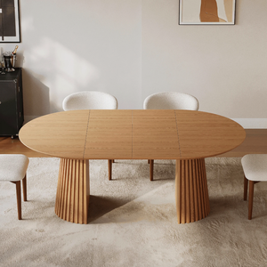 Table de salle à manger ovale en bois de style journalier 2026, 6 à 8 places, placage en chêne <span class=keywords><strong>clair</strong></span>, piédestal en bois, table de salle à manger ronde extensible - Product Image 1