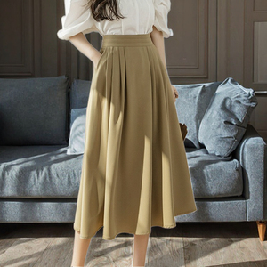Jupe trapèze plissée élégante en mousseline de viscose douce, taille haute, longueur mi-mollet, couleur unie, pour femme - Product Image 3