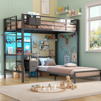 Lit superposé réglable en métal avec bureau, lumières LED, étagères de rangement et tiroirs, lit mezzanine taille double, cadre de lit sans sommier, noir