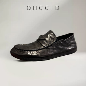 Mocassins en cuir noir pour homme, à enfiler, talon bas, semelle souple, couleur unie, style jeune - Product Image 2