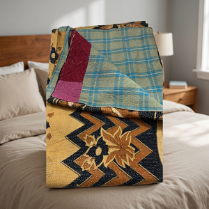 Handcrafted Cotton Kantha Quilt Reversible Bedspread with Traditional Embroidery Vintage Bohemian <b>Indian</b> Bedding <b>Throw</b> Blanket - Product Image 2