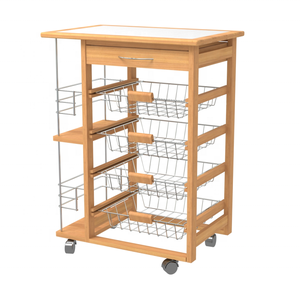 Bar mobile personnalisé Chariot de cuisine de rangement en bois de pin naturel avec plateau en carreaux Chariot de cuisine avec roues - Product Image 1