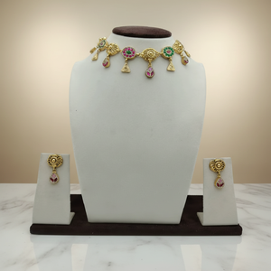 Traditional <b>Silver</b> Antique Finish Bridal Ethnic Jewelry <b>Choker</b> Necklace Set with Matching Earrings Pink Green Stones - Product Image 3