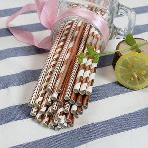Rose Gold Striped Paper Straws 25 Count Disposable Party Cocktail Straws - Product Image 3