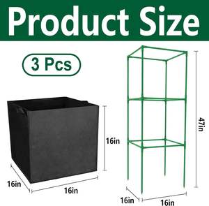 Sacs de culture de 17.7 gallons, 3 paquets de cages à tomates de jardin de 47x16x16 pouces, treillis carré de support de plantes pour pots de fleurs, jardinières - Product Image 2
