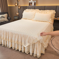 Nouvel ensemble de jupe de lit 2023, couvre-lit imprimé floral, textile de maison, jupe de lit matelassée brodée de dentelle, ensemble de literie