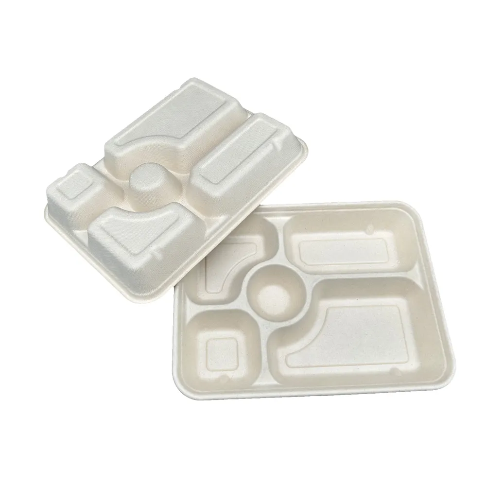 Hot Sell Eco-Friendly 100% Compostable Sugarcane Bagasse 5 Compartment Food Plate Tray Hospital Hotel Lunch Tray