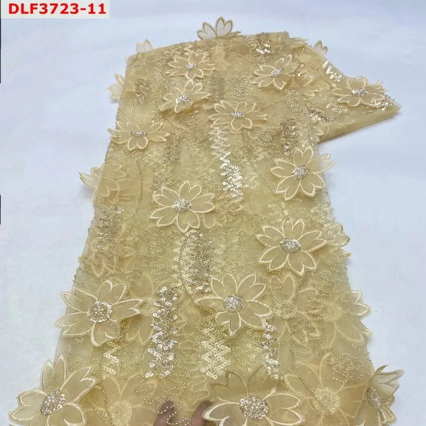 China factory offers elegant beaded 3d flowers embroidery fabric with beads lace fabric for wedding dress fabric