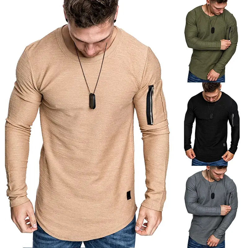New slim fit Long sleeve style Crewneck zipper embellishmentsport large Pullover solid color cotton Men t shirt