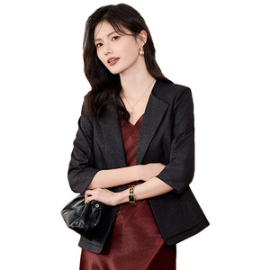 Women's Light Blue Blazer Three Quarter Sleeve Anti Wrinkle Solid Color Wool Blend Suit Jacket For Office Workwear - Product Image 5