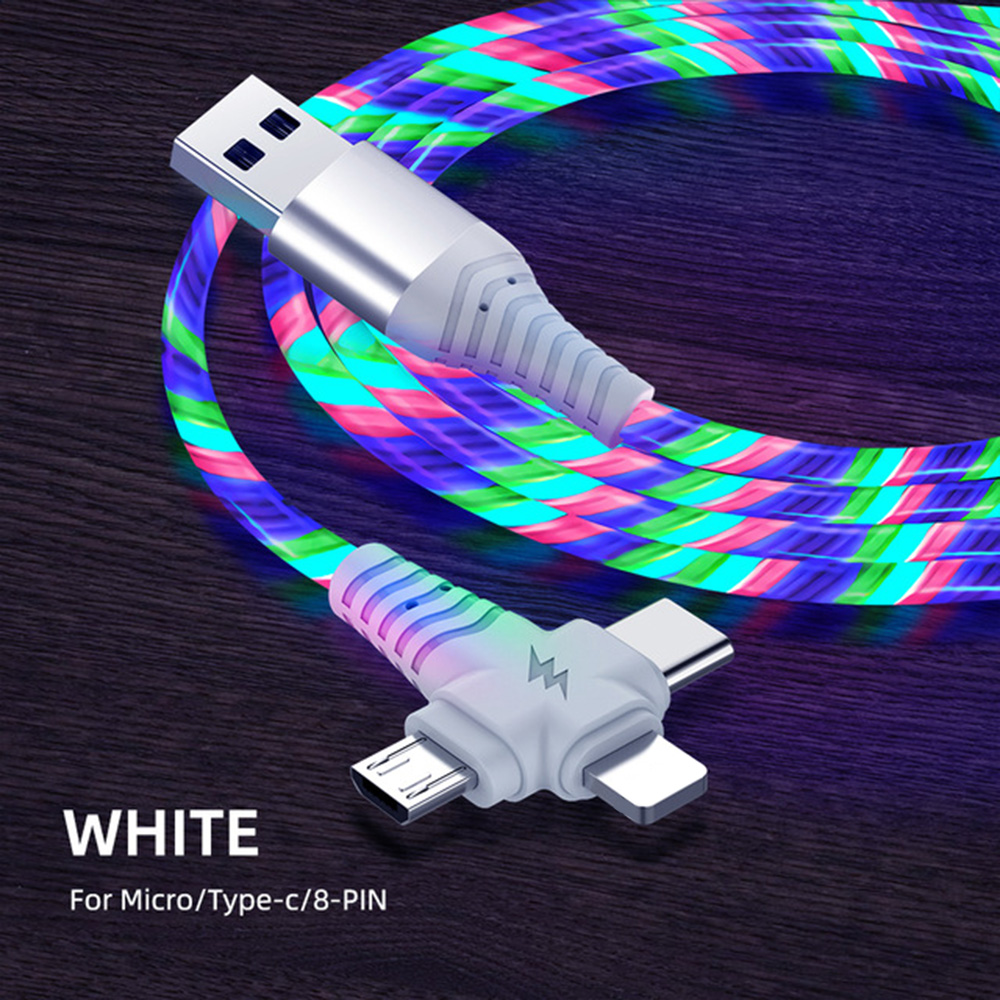 1M 2M Flow Luminous Lighting usb cable for iPhone 13 12 11 Pro 3 in 1 LED Micro USB Type C charger for Huawei Xiaomi