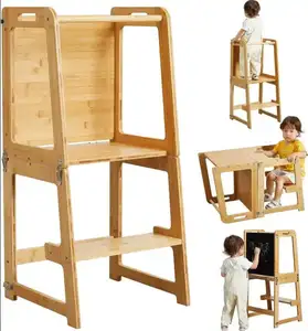 Alta qualidade Multi-funcional step stool de madeira Bamboo Altura ajustável Toddler Standing Tower com antiderrapante Stepping Superfície