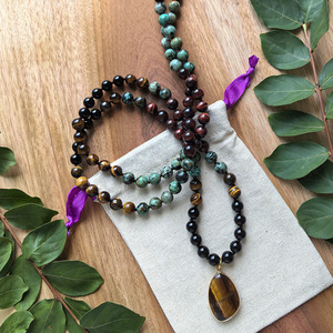 สร้อยมาลาถักมือ <span class=keywords><strong>108</strong></span> เม็ด, ไทเกอร์อาย, แอฟริกันเทอร์ควอยซ์, จาปา มาลา, สำหรับการทำสมาธิ, คริสตัลบำบัด, เครื่องประดับสำหรับโยคะและการสวดมนต์ - Product Image 5