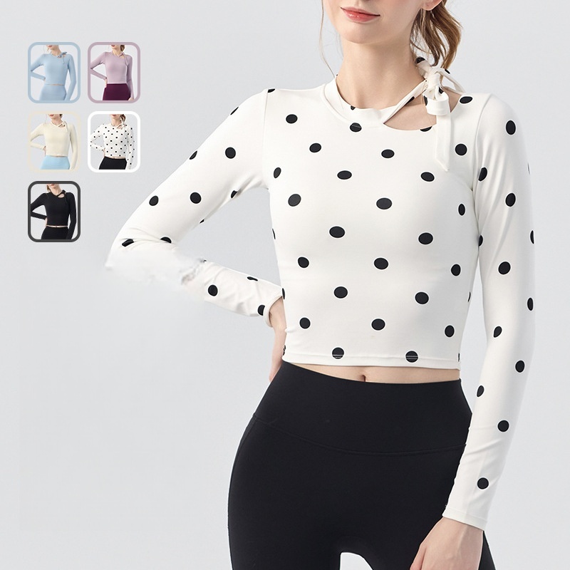 Women's Long-Sleeve T-Shirt Sports Top Asymmetric Hollow-out Tie Polka Dot Yoga Clothing with Chest Pad
