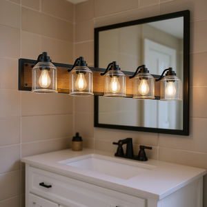 Modern <b>Industrial</b> 5-Light Farmhouse Vanity Light Black Finish Wood Backplate Clear Seeded Glass Bathroom <b>Mirror</b> Lamp - Product Image 2
