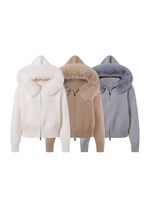 2026 Cardigan long pour femme, uni, ample, à col en fourrure, à capuche, en tricot crocheté, avec fermeture éclair