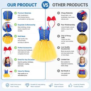 Costume de princesse tutu pour enfants, bleu et jaune, en tulle, pour fête d'anniversaire, Halloween, déguisement avec bandeau rouge à nœud - Product Image 4
