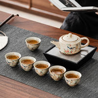 Set Teh Tanah Liat Kasar Oriental Vintage Dengan Nampan Drainase Persegi Panjang dan Teko Buatan Tangan Dengan 6 Cangkir