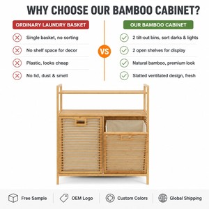 Armario de Lavandería de Bambú FSC de 2 Niveles con Cesto Extraíble, Estante Superior y Puerta de Listones para Almacenamiento de <span class=keywords><strong>Ropa</strong></span>, Venta al por Mayor OEM - Product Image 5