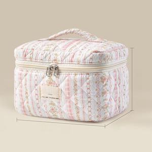 Large Quilted Makeup <b>Bag</b> Cute Cotton Travel Cosmetic <b>Bag</b> with HandlePortable Floral Make up <b>Bags</b> - Product Image 5