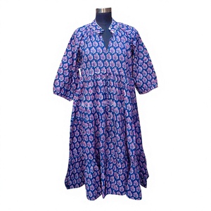 Floral Printed Vintage Mid-Calf Women's Summer Casual Long Sleeve V-Neck <b>Loose</b> Fit 100% Cotton Knitted Career <b>Dress</b> - Product Image 1