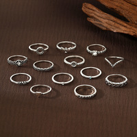 Ensemble de 13 bagues créatives en forme d'oiseau, en argent ancien, avec cœur en diamant, pentagramme en alliage pour femmes