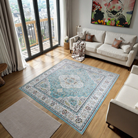 Blue Persian Rugs Floral Heat-Transfer Printing Cut Pile Polyester Velvet Area Carpet for Home for Living Room and Hallway