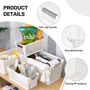 6 Pack <b>White</b> Plastic <b>Storage</b> <b>Baskets</b> Ventilated Organizer Bins with Handles for Pantry Bathroom & Home - Product Image 3