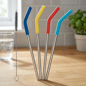 Reusable Metal <b>Drinking</b> <b>Straws</b> with Cleaning Brush 5-Pack Colorful Bendable Bar Accessories Modern Style - Product Image 3