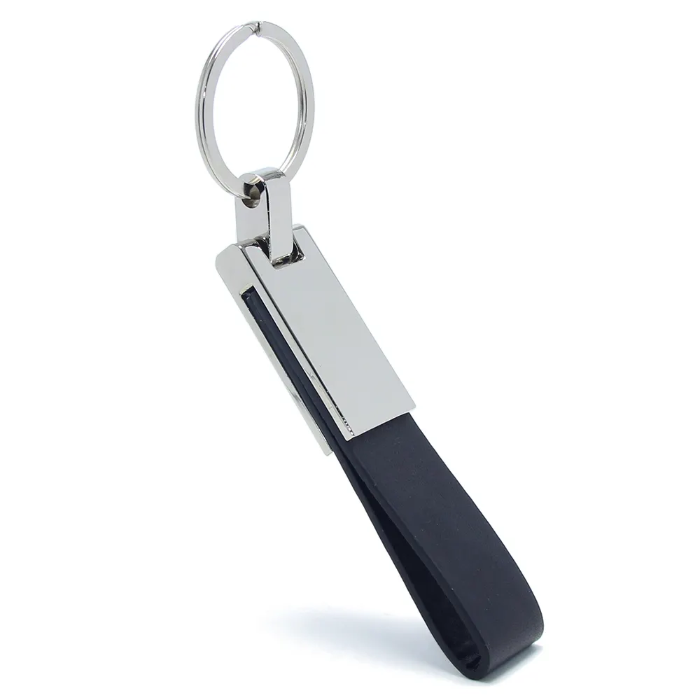 New Fashion Simple Black Leather Strap Car Key Ring Holder Gifts Alloy Blank Silver Metal Keyring Black Leather Keychain