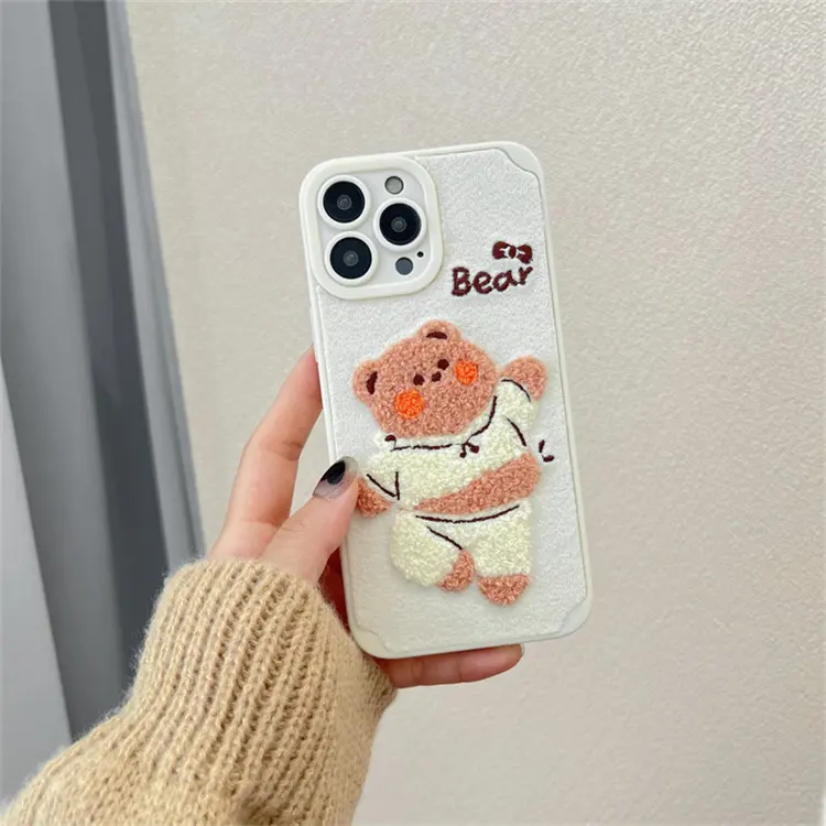 New Kawaii Fluffy Plush Embroidery Bear Phone Cases Women For iPhone 14 Pro Max Cute Cartoon Phone Case