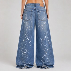 XUCHANG Jeans de mezclilla de algodón holgados y apilados para <span class=keywords><strong>mujer</strong></span>, de alta calidad, estilo streetwear vintage Y2K, con efecto desgastado, <span class=keywords><strong>rotos</strong></span>, estampados y de diseñador - Product Image 3