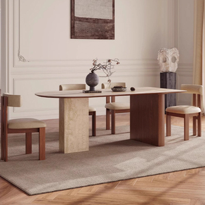 Tavolo <span class=keywords><strong>da</strong></span> <span class=keywords><strong>Pranzo</strong></span> Ovale in Pietra Sinterizzata <span class=keywords><strong>con</strong></span> Base in Legno Massello, Design in Marmo Stile Mid-Century, per Piccoli Soggiorni PJ2435 - Product Image 2