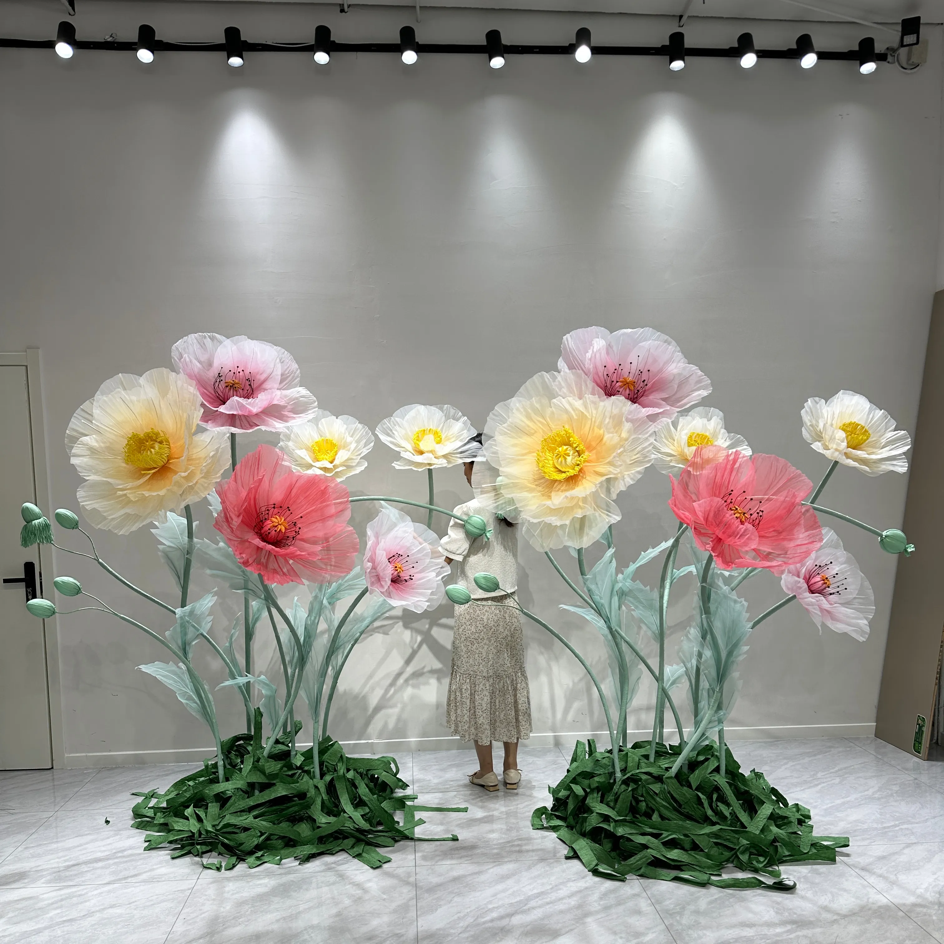 H-030 neue Design Riesen Seide Organza Mohn Blume Set mit Samen für Hochzeit Event Party Fenster visuelle Mer chand ising Dekoration