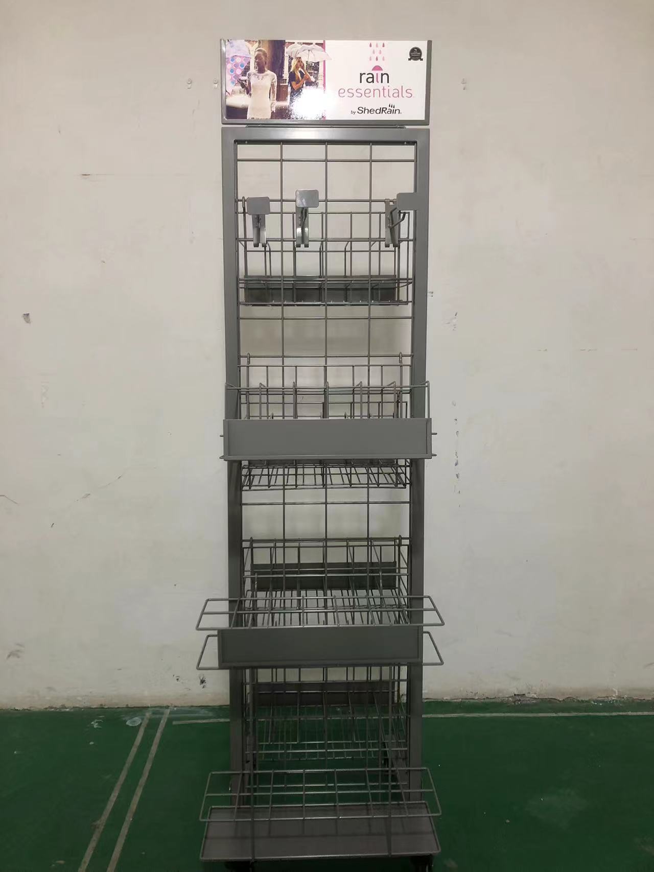 Advertising Umbrella Metal Floor Standing Display Rack Double-sided Iron Wire Basket Shelf Wheels for Supermarkets Retail Shops — view 3