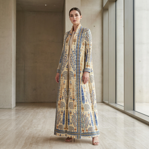 Nouvelle <span class=keywords><strong>Abaya</strong></span> Plissée Miyake 2026, Manteau Long Imprimé Ethnique Beige et Bleu pour Femme, Tenue Extérieure Élégante Thermofixée - Product Image 1
