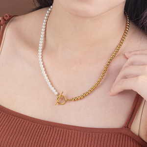Moda mujer Hip Hop chapado en oro suéter cadena Acero inoxidable OT hebilla barroca agua dulce perla empalmada collar de cuentas - Product Image 5